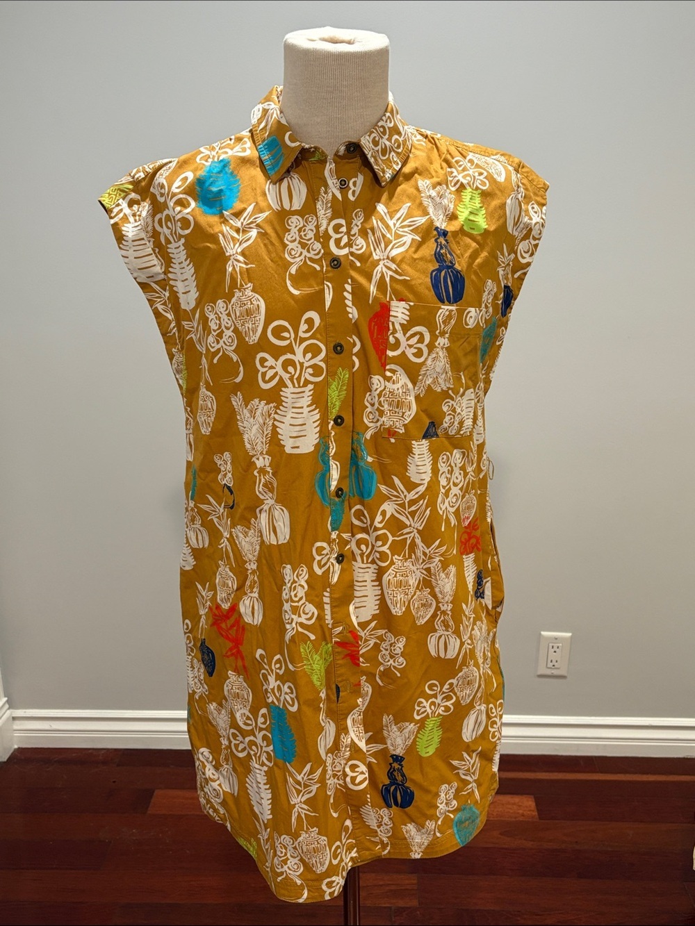 Maeve Toni Tunic Dress Women’s Medium Mustard Yellow Floral Print Sleeveless